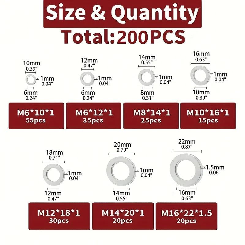 200-Piece Drain Plug Gasket Set, 7 Sizes Aluminum Crush Washer Combination Set, Automotive, Crush Washer Oil Drain Plug M6 M8 M10 M12 M14 M16