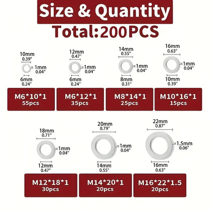 200-Piece Drain Plug Gasket Set, 7 Sizes Aluminum Crush Washer Combination Set, Automotive, Crush Washer Oil Drain Plug M6 M8 M10 M12 M14 M16