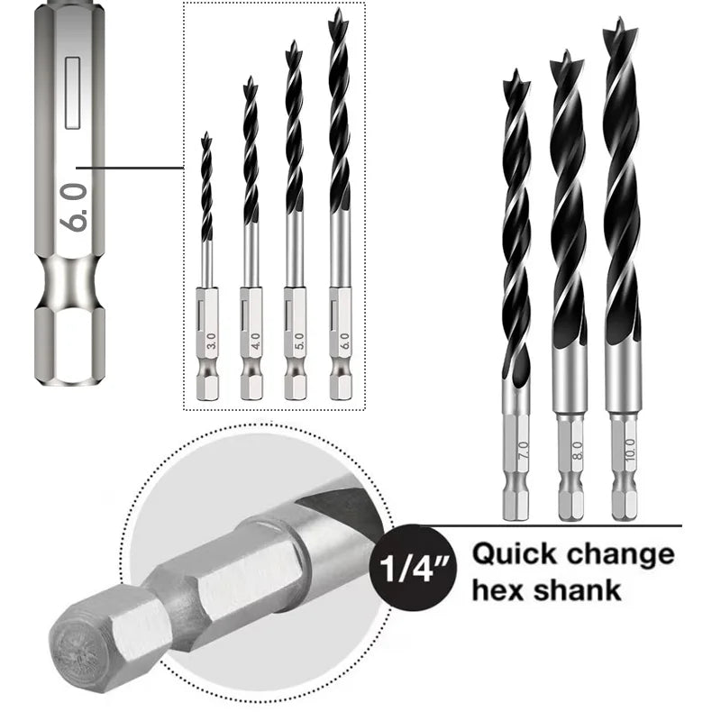3/5/7PCS 3/4/5/6/7/8/10mm 1/4 Hexagonal Handle Three Pointed Woodworking Drill Bit Set Woodworking Hole Reaming Power Tool