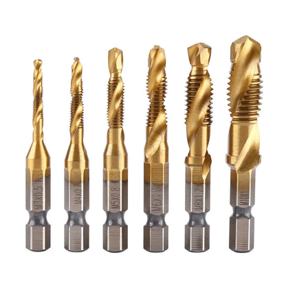 Metric Thread M3-M10 Titanium Coated HSS Drill and Tap Bits 1/4" Hex Shank Screw Taps Tool Set Thread Tap Tool Tapping Tool