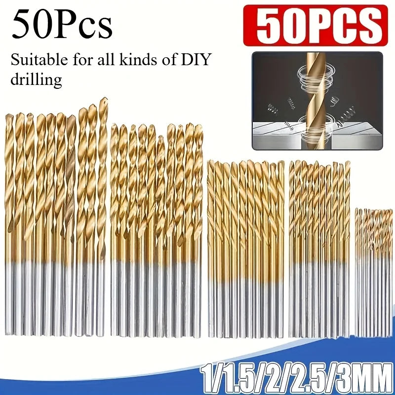 50pcs Titanium Coated High Speed Steel Drill Bits - High Quality 135° Point, Suitable for DIY Handcraft, Woodworking