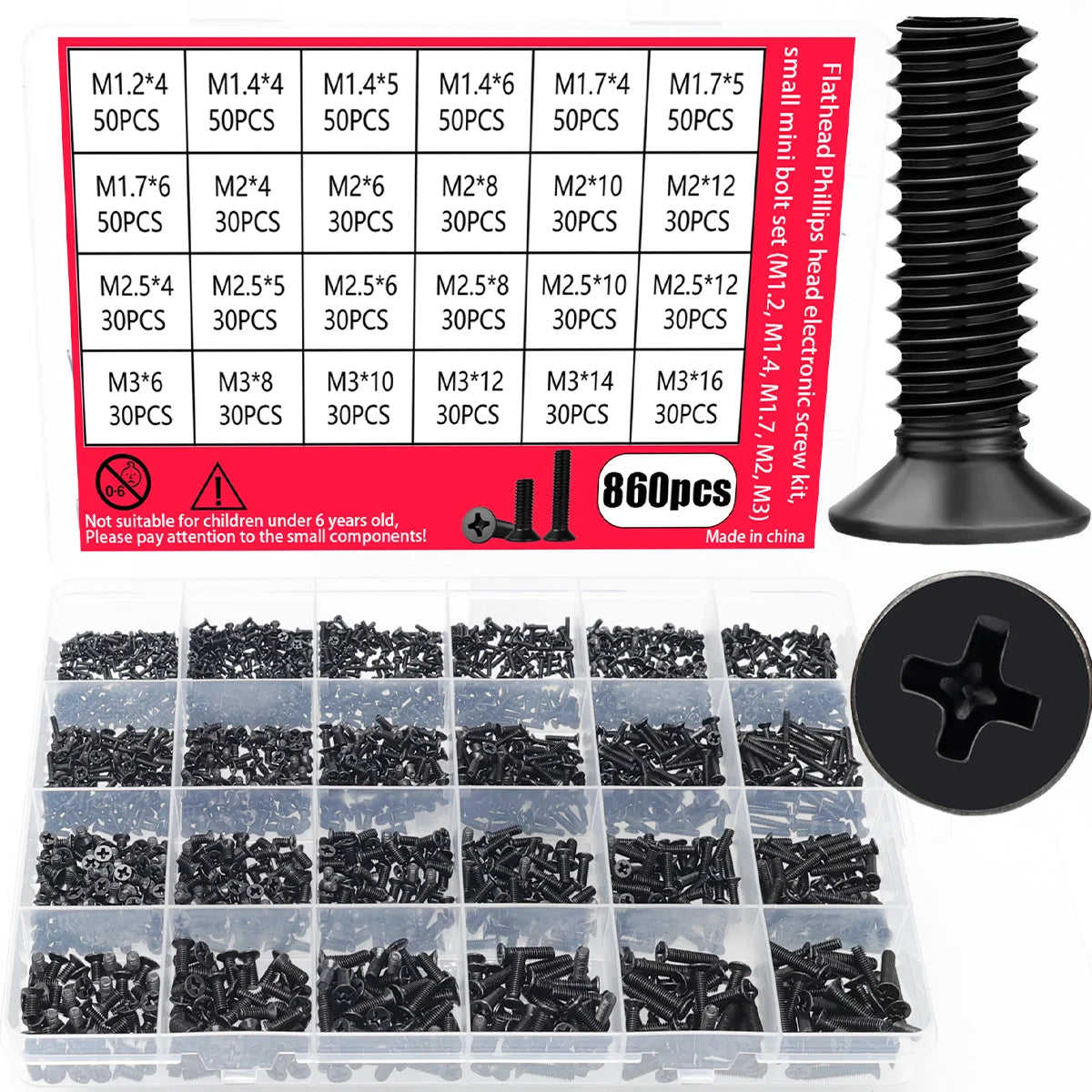 860pcs-miniature computer screw set, miniature eyeglass screws M1.2 M1.4 M1.7 M2 M2.5 M3, electronic screws for PCs and laptops