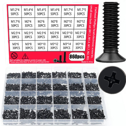 860pcs-miniature computer screw set, miniature eyeglass screws M1.2 M1.4 M1.7 M2 M2.5 M3, electronic screws for PCs and laptops