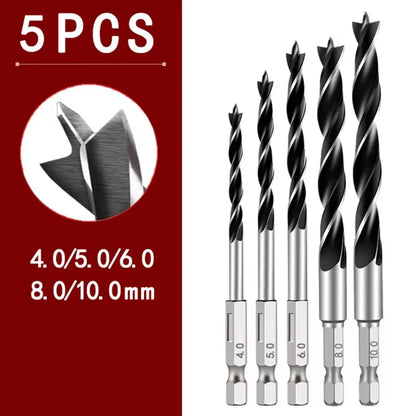 5PCS 4/5/6/8/10mm Three-pointed Woodworking Drill Power Tool High Carbon Steel Twist Dril Bit High Quality 1/4" Hex Shank