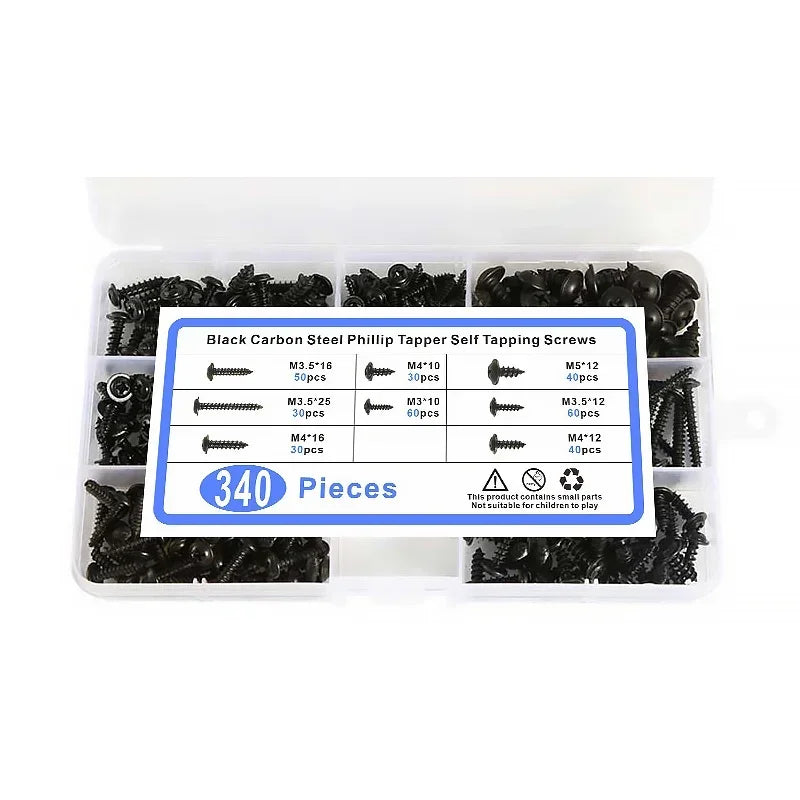 340Pcs Black Carbon Steel Self-Tapping Screw Assortment Kit Phillips Head Wood Screws Set M3 M3.5 M4 M5 Hardware Fasteners
