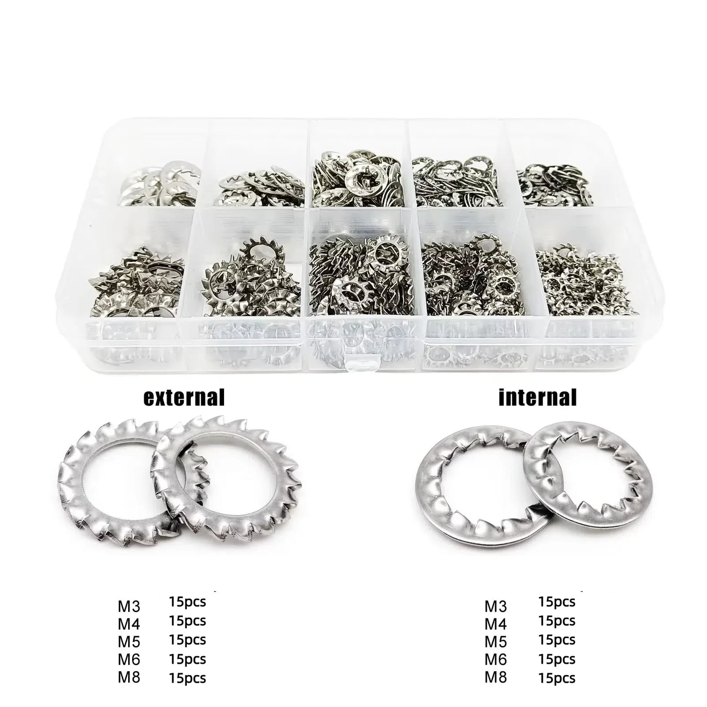 150pcs Assorted External & Internal Toothed Serrated Lock Washers M3-M8 Stainless Steel 304 A2-70 Set for Hardware