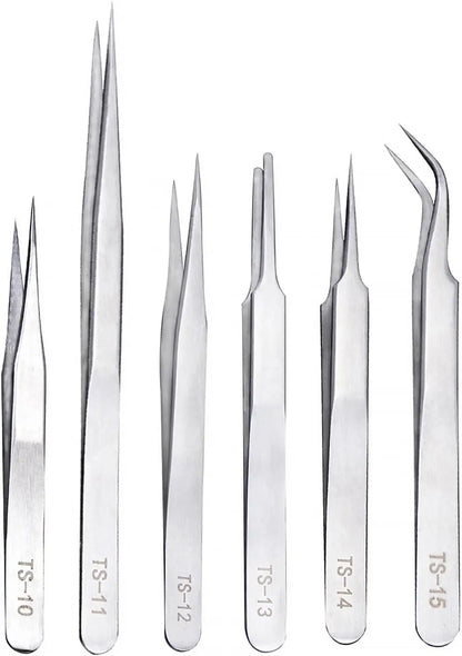 6PCS 1.5mm Thick Precision Tweezers Set, Stainless Steel Anti-Static Tweezers, Silver/Black Optional, for Electronics Repair, Je