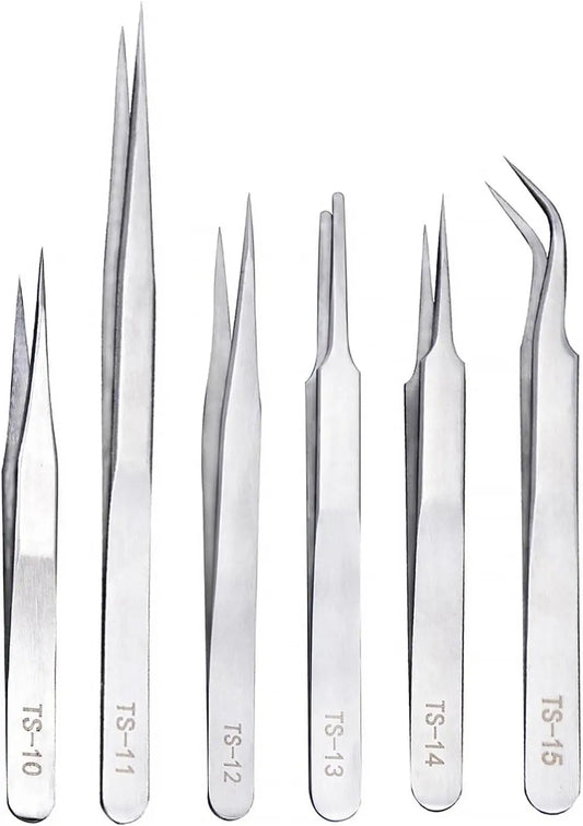 6PCS 1.5mm Thick Precision Tweezers Set, Stainless Steel Anti-Static Tweezers, Silver/Black Optional, for Electronics Repair, Je