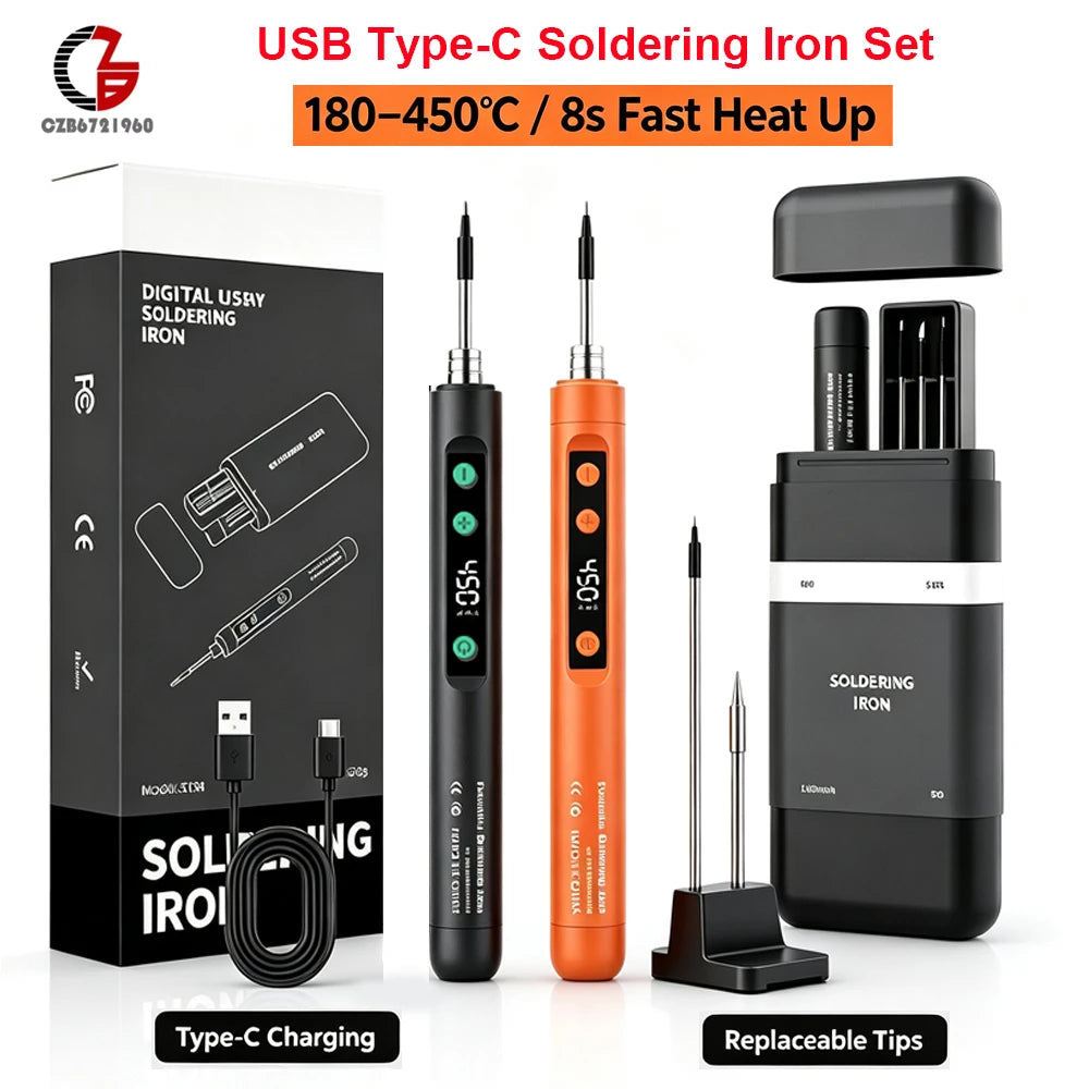 DC 5V Mini USB Type-C Soldering Iron Set Digital Electric Soldering Iron Adjustable Temperature DIY Heating Repair Welding Tool