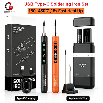DC 5V Mini USB Type-C Soldering Iron Set Digital Electric Soldering Iron Adjustable Temperature DIY Heating Repair Welding Tool