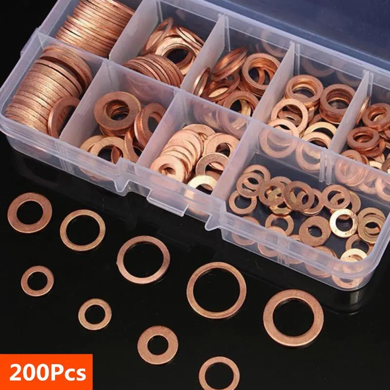 200/50PCS Copper Washer Gasket Nut and Bolt Set Flat Ring Seal Assortment Kit with Box //M8/M10/M12/M14 for Sump Plugs