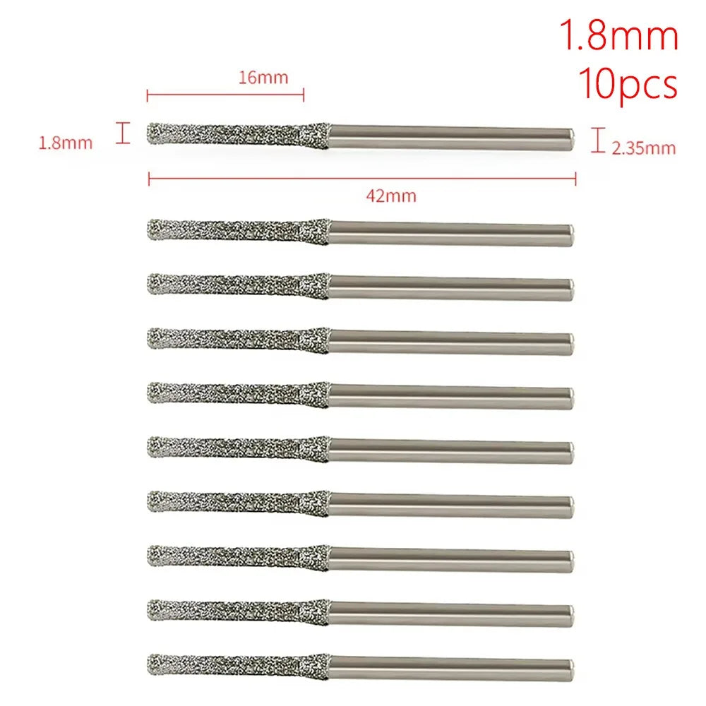 10Pcs 0.8-2.5mm Diamond Coated Drill Bits 2.35mm Shank Silver Polishing Head Grinding Burr Bits Glass Jade Amber Jewelry Diamond
