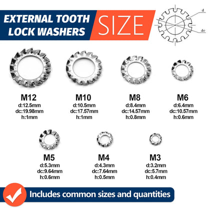 160Pcs Stainless External Multi Tooth Star Lock Washers Assortment Set Stainless Steel 7 Size M3 M4 M5 M6 M8 M10 M12