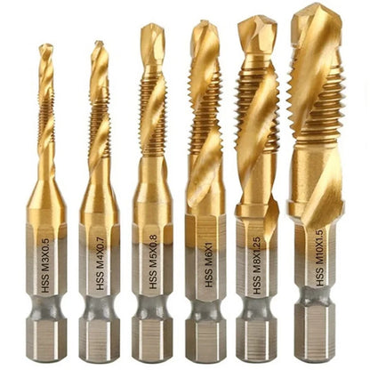 6pc High-speed Steel 4341 Titanium Plated Composite Tap Drill and Tap Integrated Machine Tap Open and Chamfer Tool Set