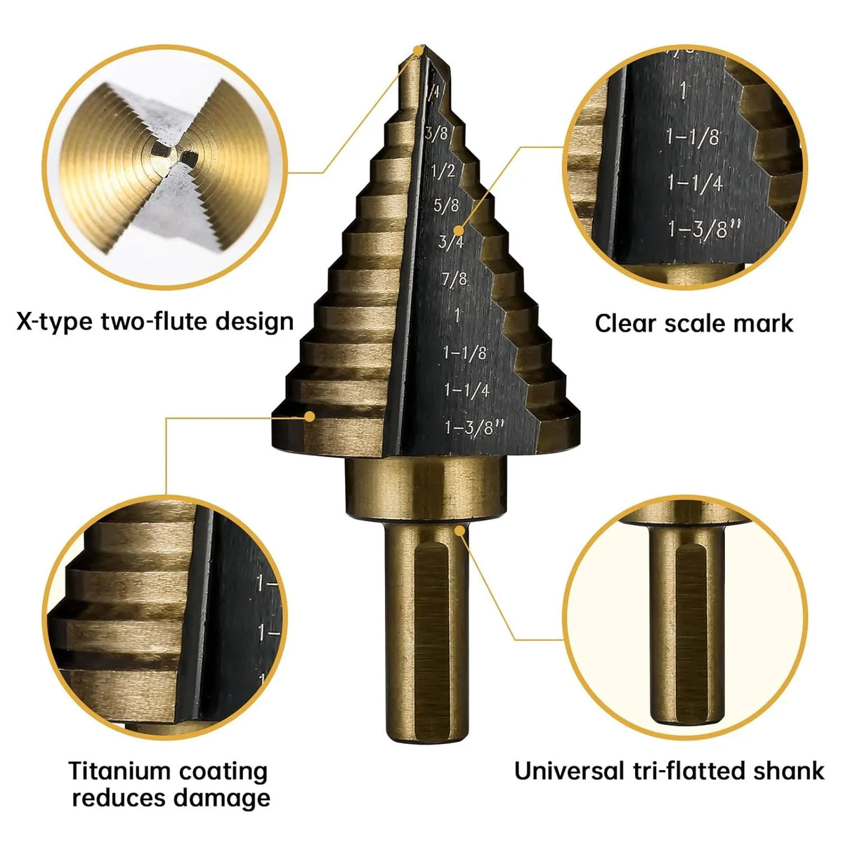 5pc British System Roasted Yellow Triangular Straight Groove Step Drill Blackened Pagoda Drill Hole Opener Aluminum Box Tool