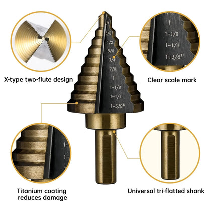 5pc British System Roasted Yellow Triangular Straight Groove Step Drill Blackened Pagoda Drill Hole Opener Aluminum Box Tool
