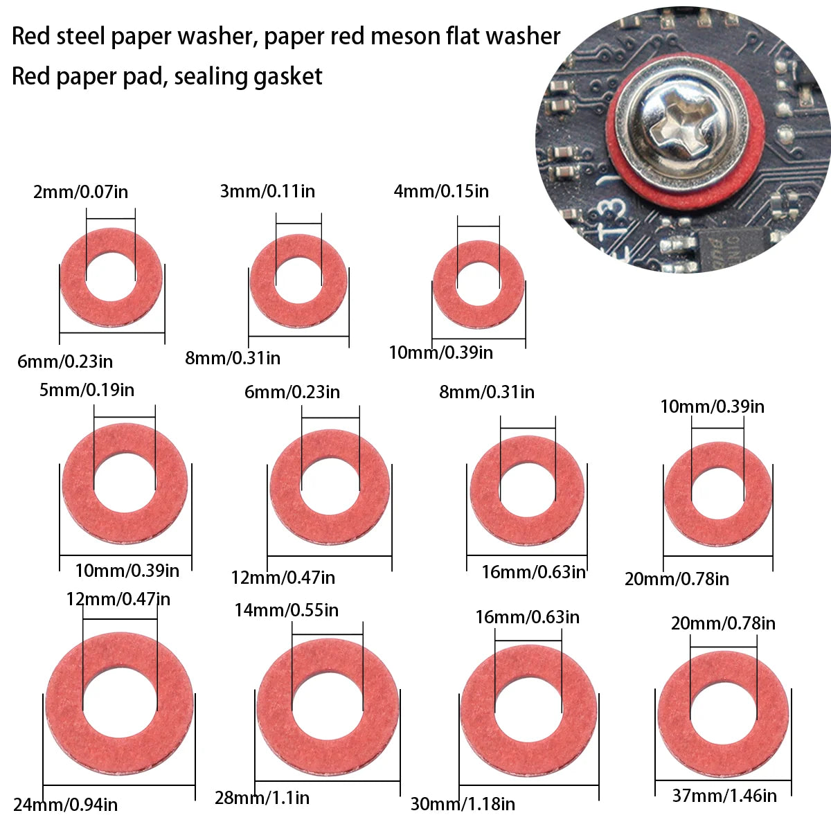 420 Red Steel Paper Washers - M2-M16 Paper Washers, Red Paper Gaskets, Insulating Fiber Flat Washers for Bolt Tightening.