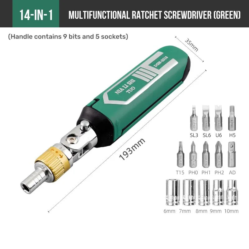 14 in 1 Multi-Function Rotary Ratchet Screwdriver Set Magnetic Bit Kit Portable Hand Repair Tool for Home DIY