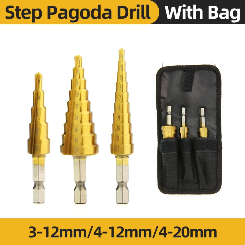 TOOLEYE HSS Titanium Step Drill Bit Stage Drills For Metal Wood High Speed Stepped Drill Set Power Tools 3-12 4-12 4-20 4-32mm