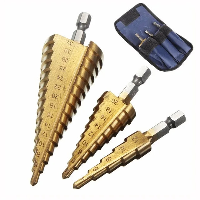 3pc HSS Step Drill Bit Set Cone Hole Cutter Taper Metric 4 - 12 / 20 / 32mm 1 / 4 'Titanium Coated Metal Hex Core Drill Bits