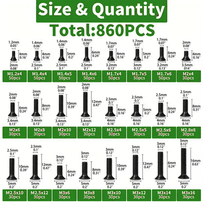 860pcs-miniature computer screw set, miniature eyeglass screws M1.2 M1.4 M1.7 M2 M2.5 M3, electronic screws for PCs and laptops