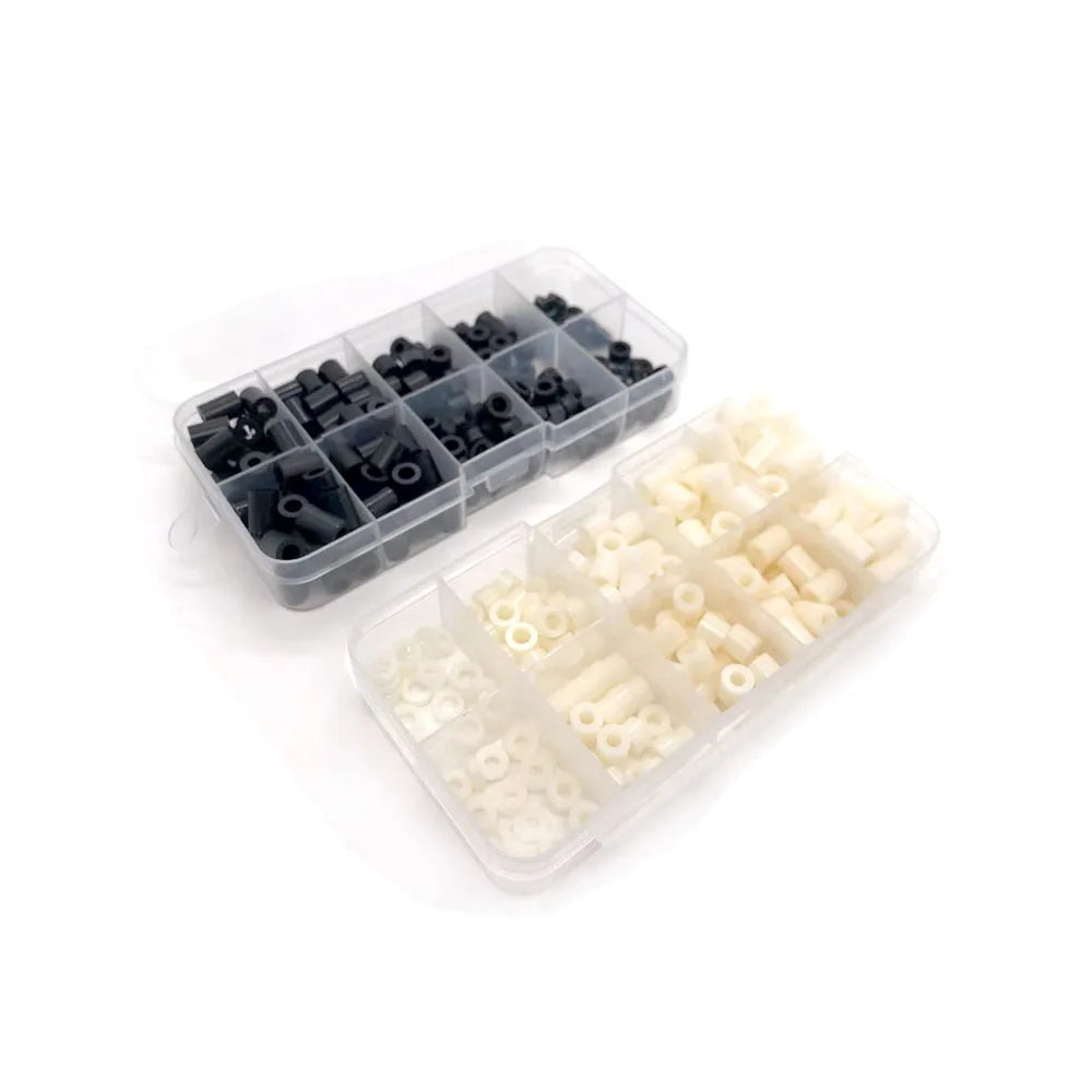 200pcs/set M3 M4 10 Sizes Black White ABS Nylon Plastic Non-Threaded Spacer Hollow Standoff Washer Set Box Assortment Kit