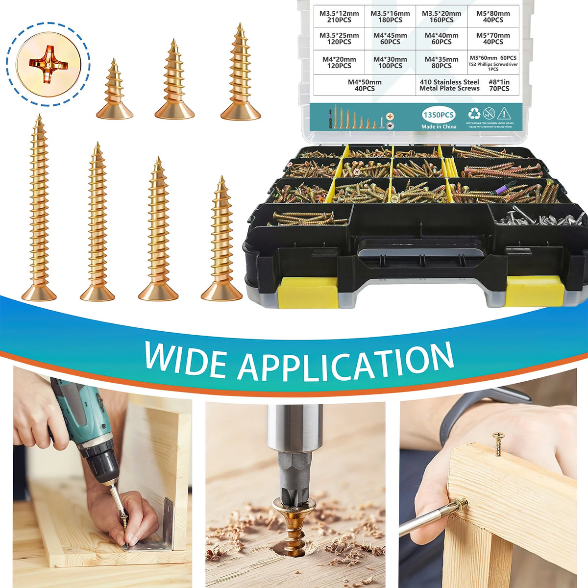 1350pcs Carbon Steel Phillips Wood Screws Assortment Kit, Flat-Head And Phillips Designs, Common Sizes M3.5/M4/M5/#8, Heavy Duty Self-Tapping Fasteners with Anti-Slip Matching Wrench, Sturdy Double Layer Storage Box, Hardware Supplies for Woodworking