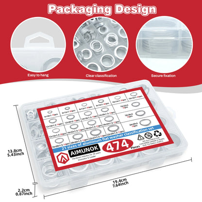 21 Sizes 474Pcs Aluminum Flat Washers Kit Metric Metal Washers Assortment for Automotive Plumbing Furniture Repair Hardware Fast