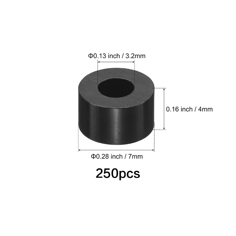 50-250 Pcs, Black Nylon Washers, 3.2mm ID 7mm OD 2-35mm Length Round Plastic Spacer Washer Standoff Non-Threaded for M3 Screws
