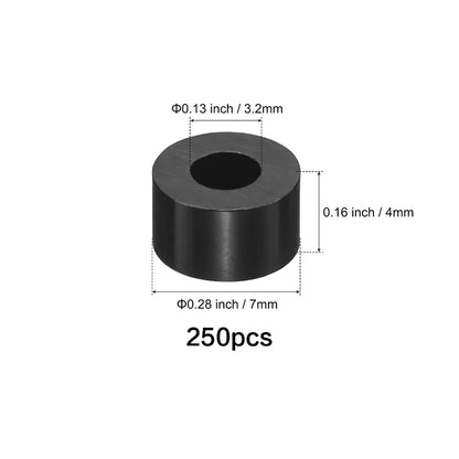 50-250 Pcs, Black Nylon Washers, 3.2mm ID 7mm OD 2-35mm Length Round Plastic Spacer Washer Standoff Non-Threaded for M3 Screws