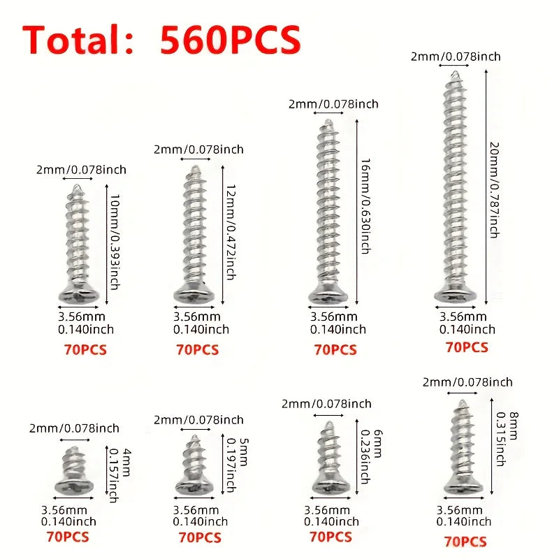 Box of 560 Self-Tapping Wood Screw Set - Includes 8 Different Sizes of M2 Flat Metal Screw Classification Kit