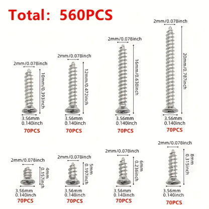 Box of 560 Self-Tapping Wood Screw Set - Includes 8 Different Sizes of M2 Flat Metal Screw Classification Kit