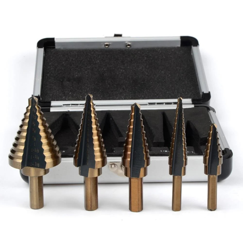 5Pcs Step Drill Bit Set HSS Cobalt Multiple 50 Sizes Conical Hole Cutter Titanium Coated Carbide Drill Bits Punch Tool for Stainless Steel Iron Sheet Metal Wood Drilling Hardware Multipurpose Industrial
