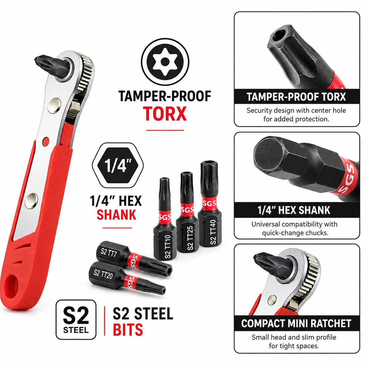11Pcs Security Torx Bit Set TT7-TT40 25mm S2 Steel Tamper Proof Star Bits with Mini Ratchet Wrench 1/4 Inch Hex Shank for Electronics Auto Bike Repair