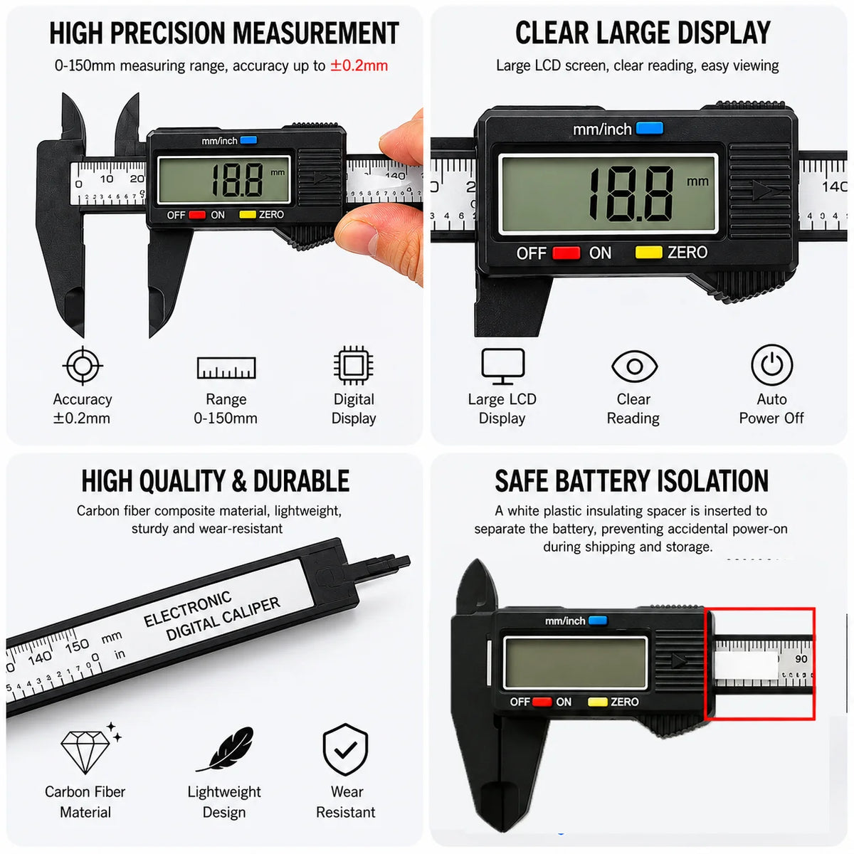 0-150mm Dual Unit Carbon Fiber Digital Vernier Caliper,MM/Inch, Inner&Outer Diameter Measuring Tool for Jewelry and Hardware