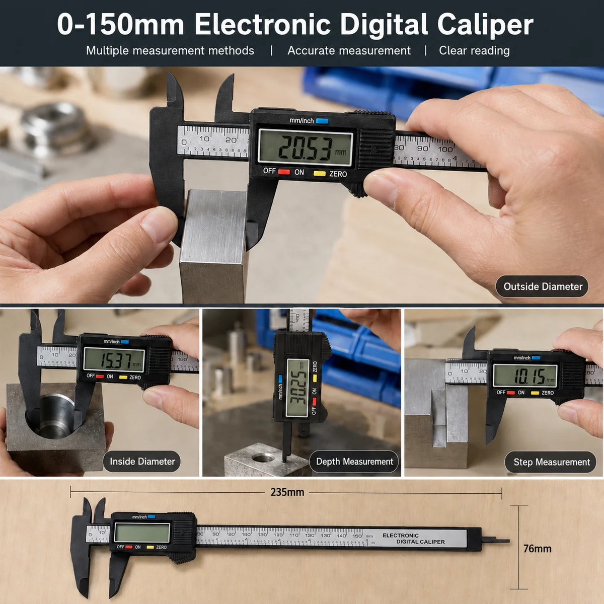0-150mm Carbon Fiber Digital Vernier Caliper, Dual MM/INCH Unit, Measure Inner/Outer Diameter of Jewelry, Hardware Mechanical Pa