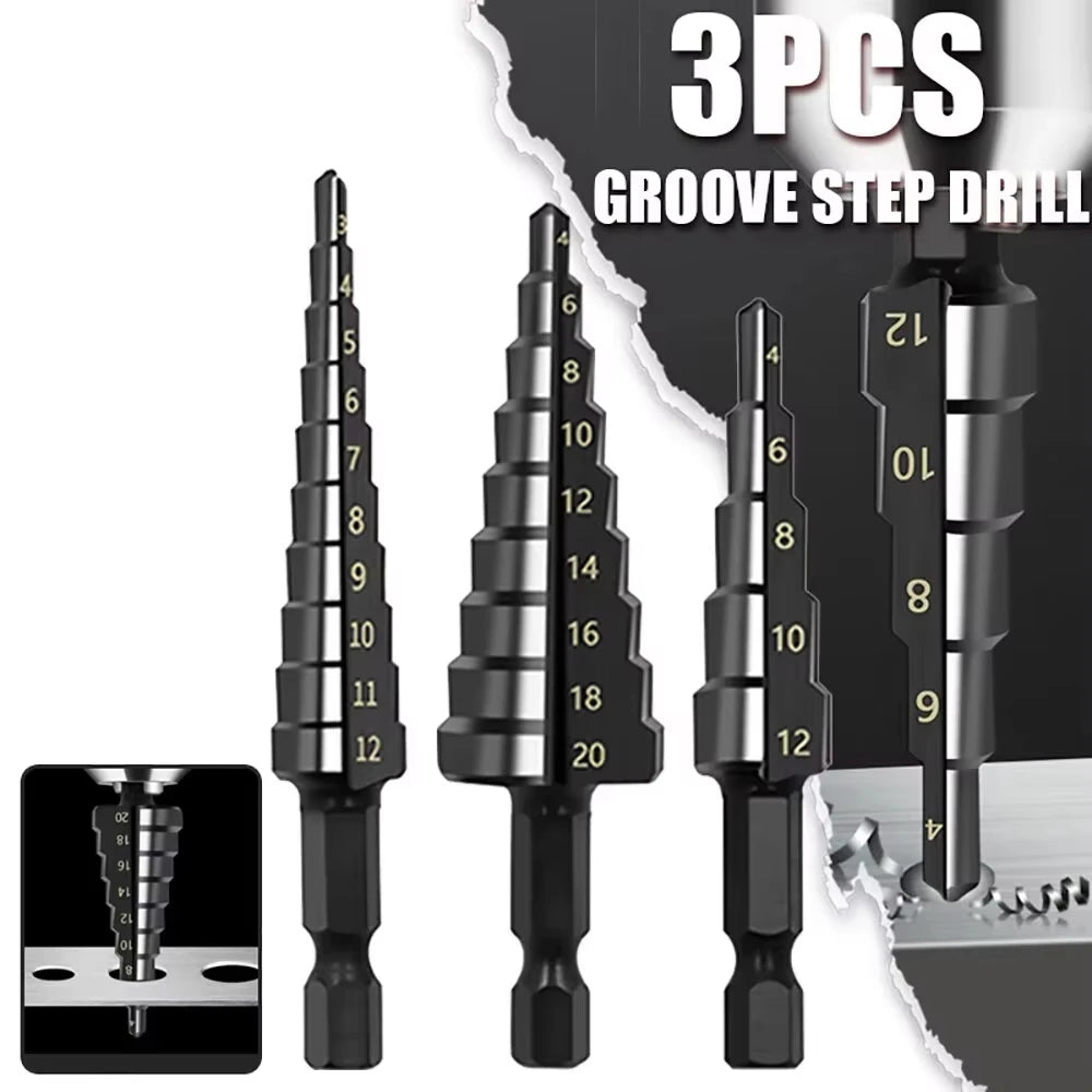 3Pcs Straight Groove Step Drill Bit Set Nitride Black Hex Core 3-12mm 4-12mm 4-20mm for Wood Metal Hole Cutting Tools