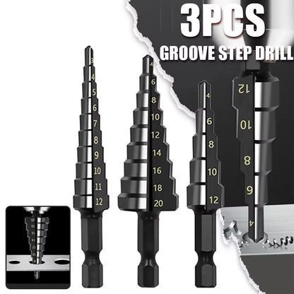 3Pcs Straight Groove Step Drill Bit Set Nitride Black Hex Core 3-12mm 4-12mm 4-20mm for Wood Metal Hole Cutting Tools