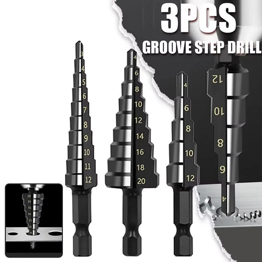 3Pcs Straight Groove Step Drill Bit Set Nitride Black Hex Core 3-12mm 4-12mm 4-20mm for Wood Metal Hole Cutting Tools