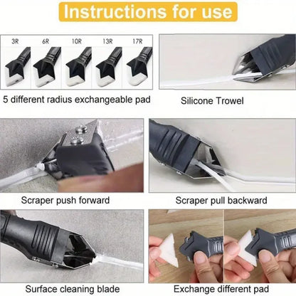 1 Set 3-in-1 Silicone Caulking Tool - Stainless Steel Head for Sealing, Cleaning & Scraping, Ergonomic Plastic Handle
