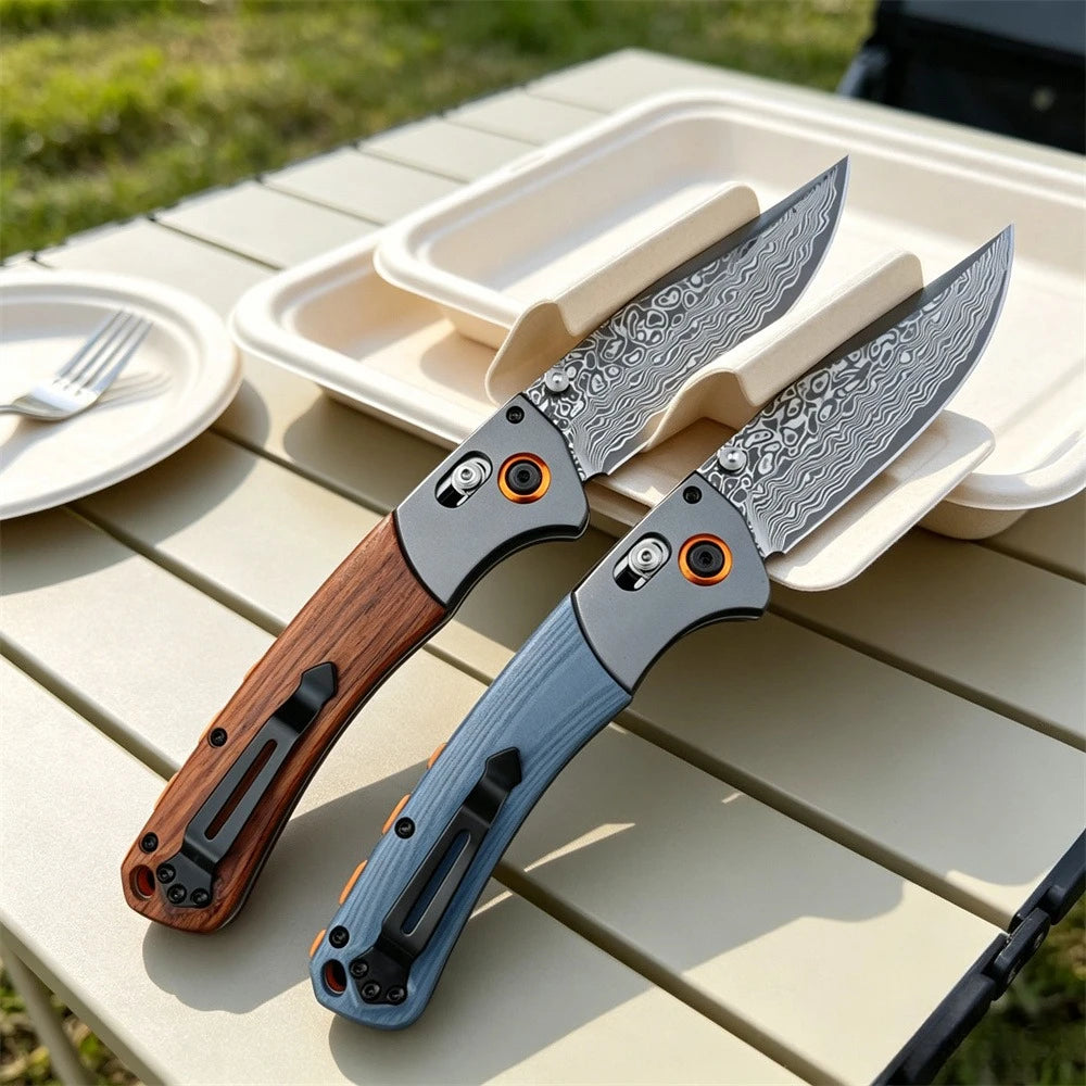 Damascus Steel Folding Pocket Knife BM 15080 with Wood & Blue G10 Handle Heavy-Duty Outdoor Cutting Tool for Daily & Outdoor Use