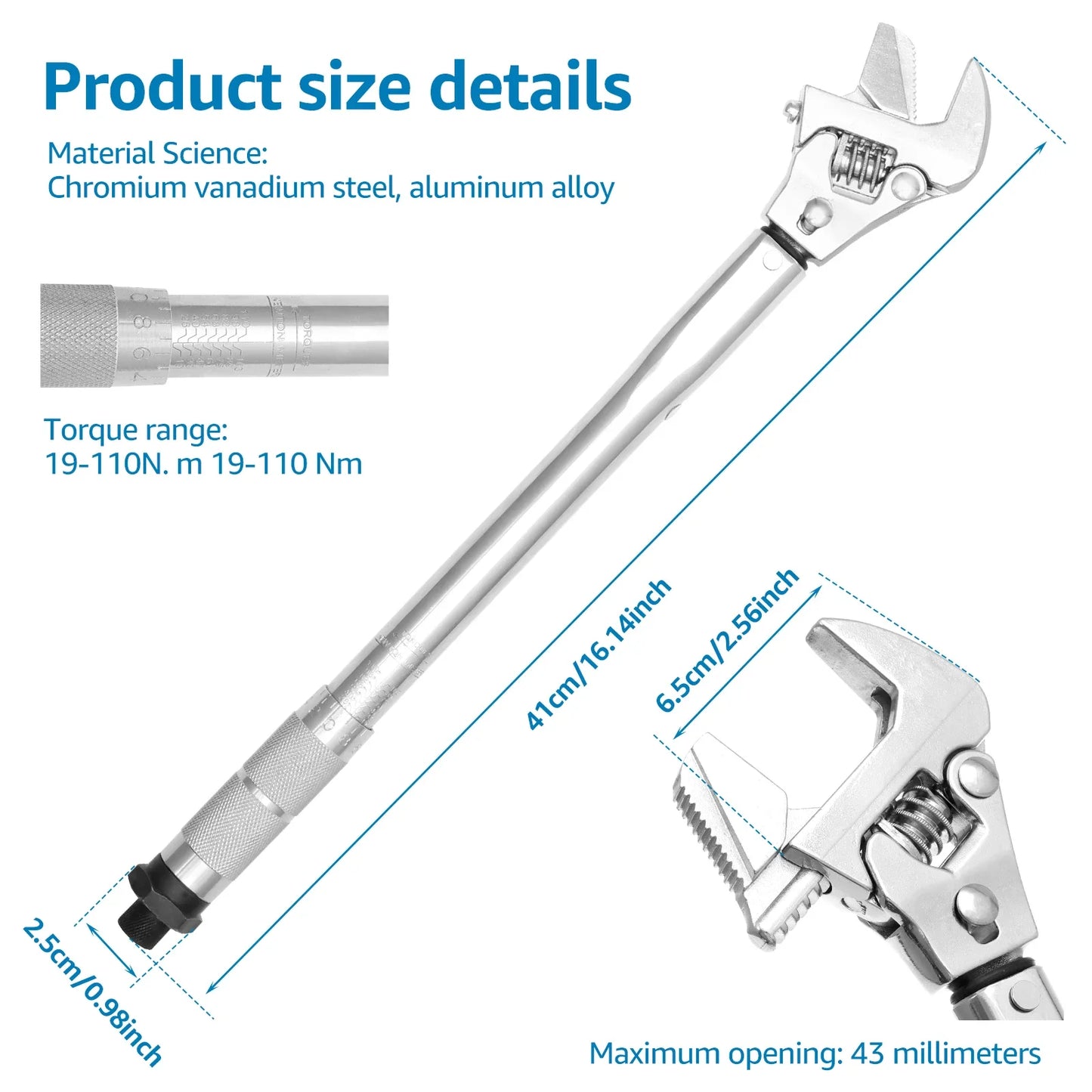 19-110NM 43mm Adjustable Torque Wrench 4 In 1 Multi-function Open End Torque Wrench Repair Tool Home Mechanic Carpenter Wrench
