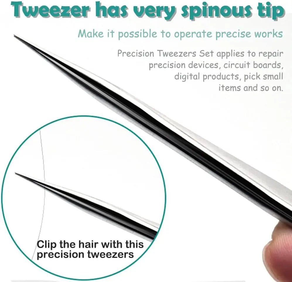 6PCS 1.5mm Thick Precision Tweezers Set, Stainless Steel Anti-Static Tweezers, Silver/Black Optional, for Electronics Repair, Je