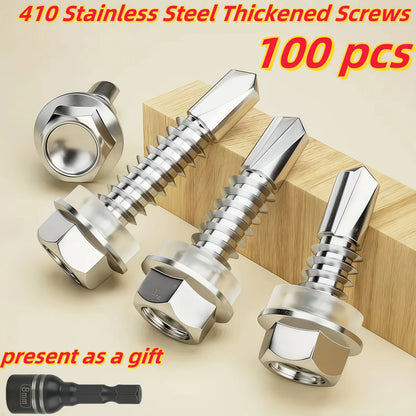 100pcs 410 Stainless Steel Magnetic Hex Washer Head TEK Self-Tapping Screws with Free Sockets - 5mm Coarse Thread, Full Thread R