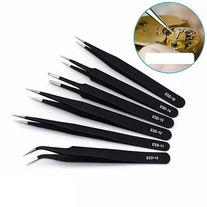 6pcs Precision Long Tweezers Set ESD Anti-Static Stainless SteelTweezers Repair Tools For Electronics Repair Soldering Craft