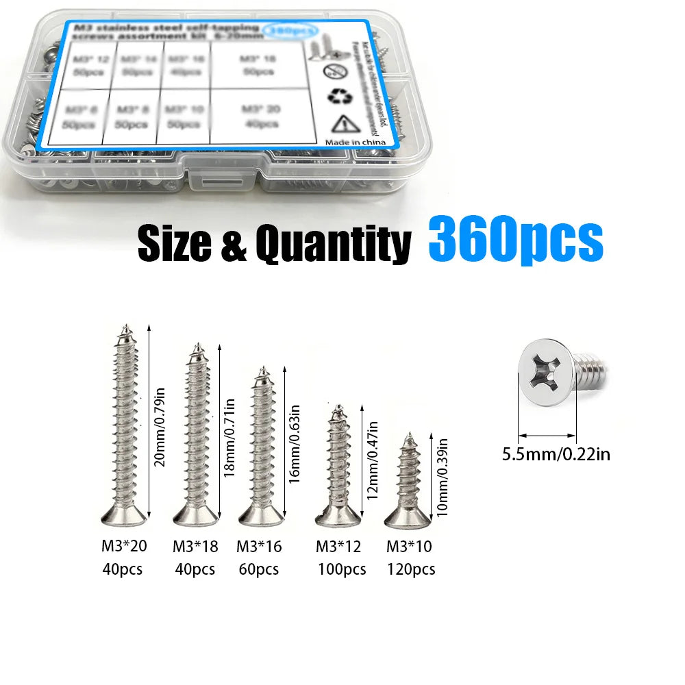 360-Piece Set of M3 Self-Tapping Screws (10mm, 12mm, 16mm, 18mm, 20mm), for Home Repair and Installation, Wood Fasteners.