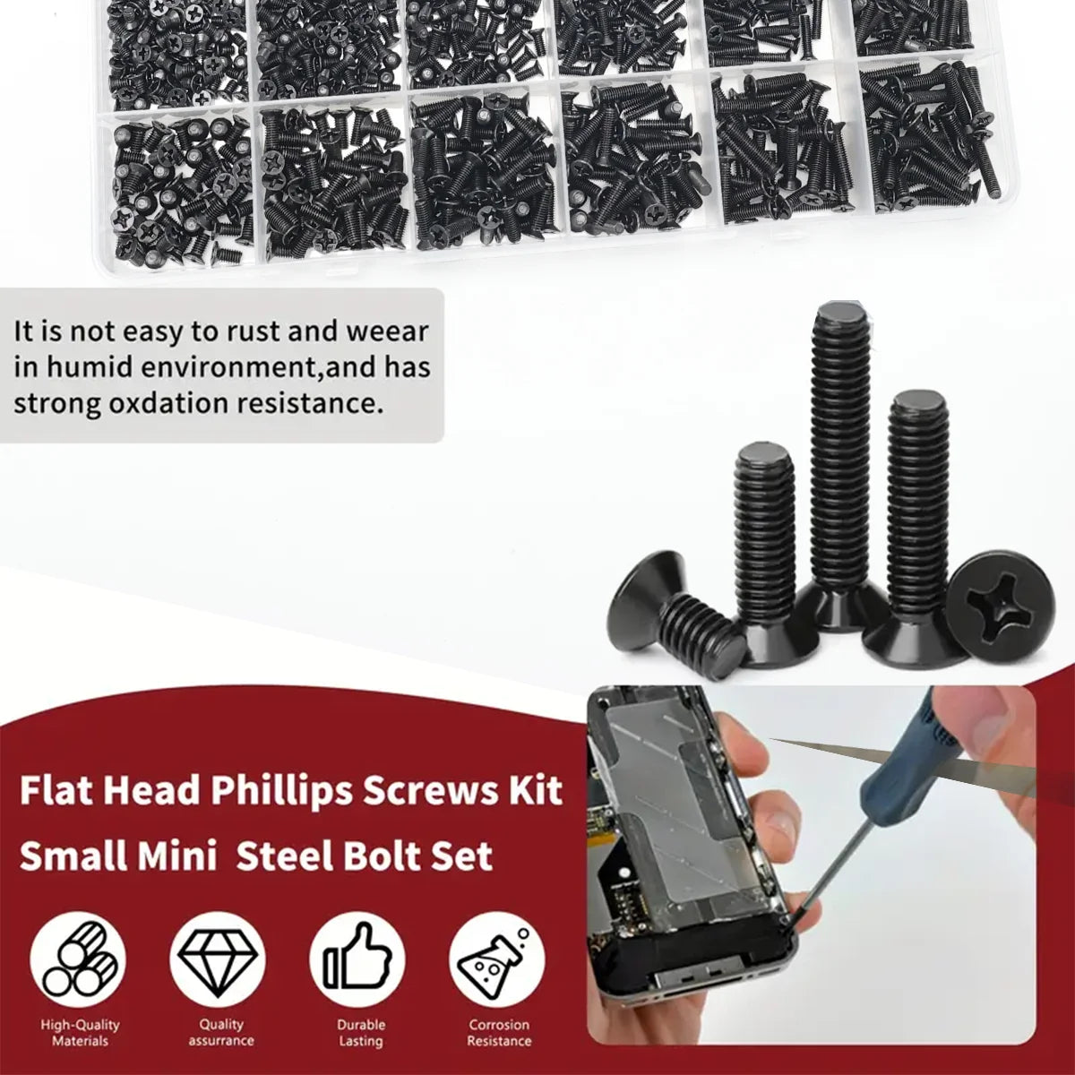 850pcs KM Black Phillips Countersunk Head Screws, Flat Head Screws, Boxed for Mobile Phones, Laptops, Tablets Repair Screws
