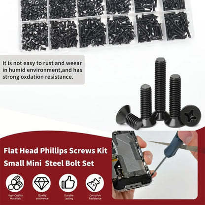 850pcs KM Black Phillips Countersunk Head Screws, Flat Head Screws, Boxed for Mobile Phones, Laptops, Tablets Repair Screws