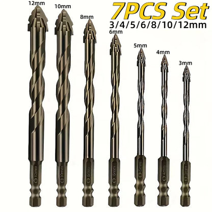 7pcs Carbide Four-Blade Serrated Drill Bit Set for Dry Drilling Porcelain Tile Ceramic Glass Marble Concrete Stone Hole Openner