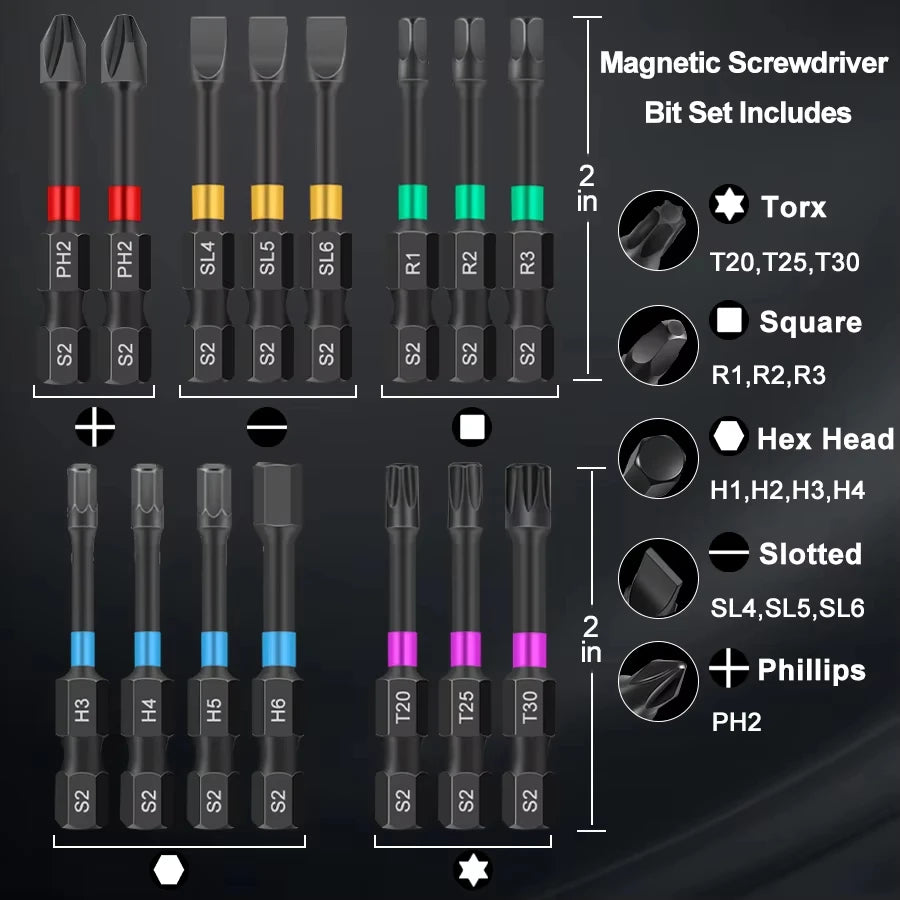 Rafford15PCS Magnetic Batch Head Impact Electric Screwdriver Bit Set Magnetic Case 5 Types S2 Head Bit Anti-slip Waterproof Bits